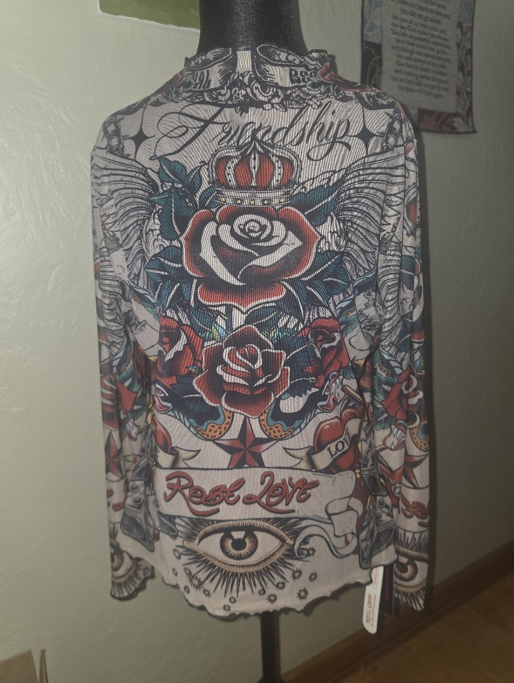 ROMWE Womens Sheer Long-Sleeve with Red and Blue Rose Tattoo Motif